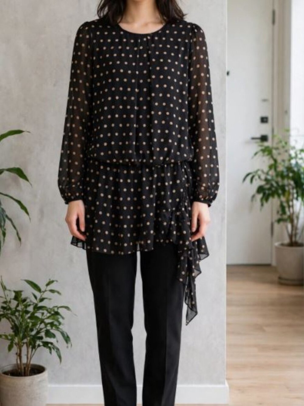 Black Polka Dot Sheer Blouse Peplum Tie Waist Long Sleeve Top Size M Chiffon